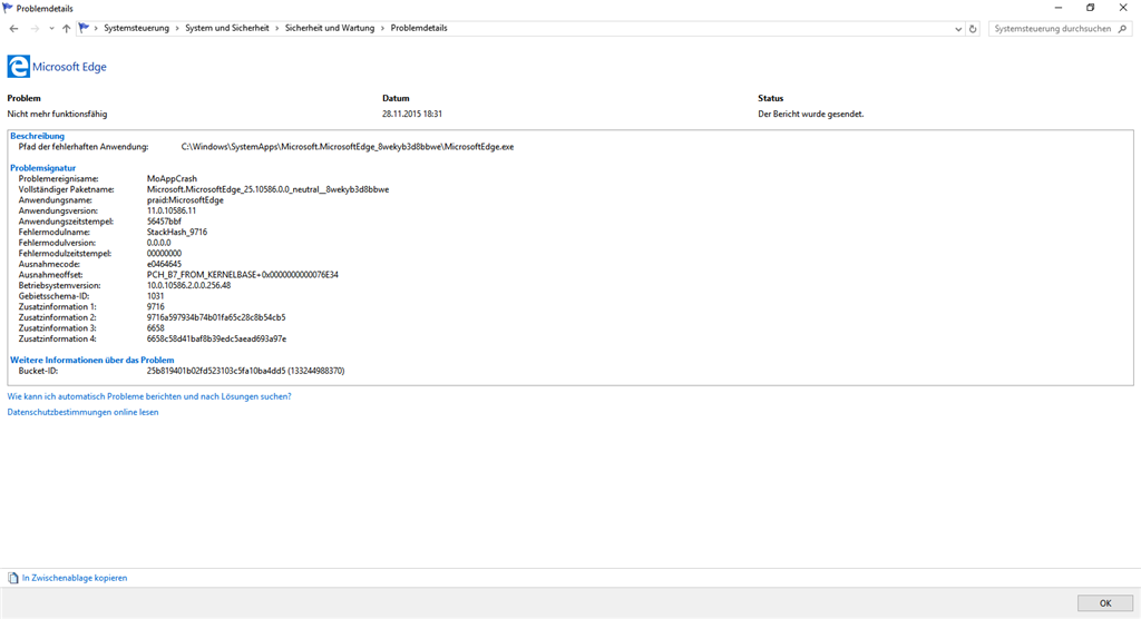 EDGE beendet sich wenn man die Favoriten / Verlauf / Downloads öffnet