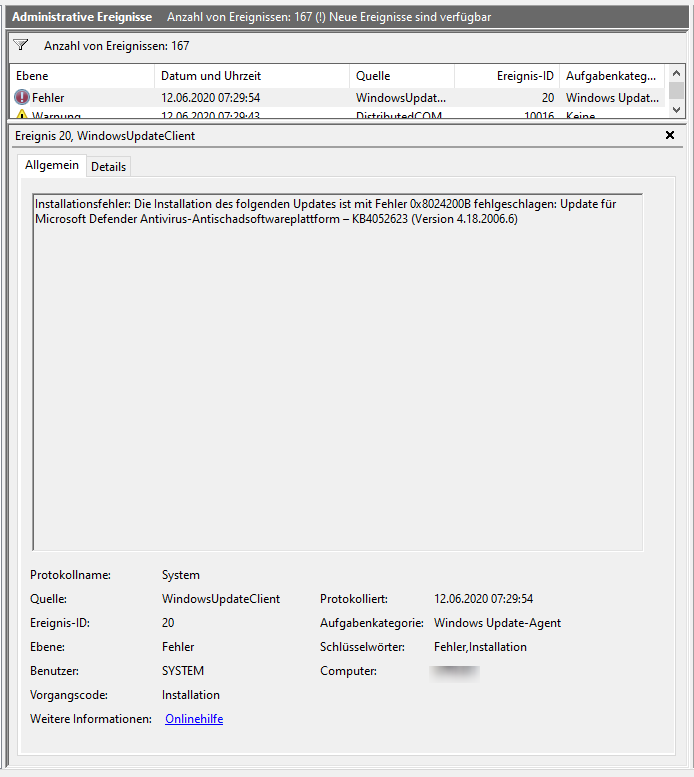 Fehlgeschlagen: Update für Microsoft Defender Antivirus-Antischadsoftwareplattform –...