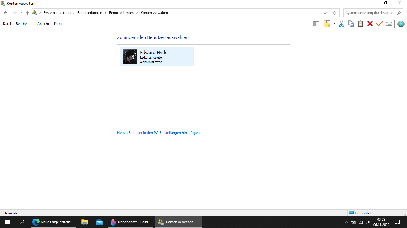 Nach Erstellung von Outlook-Konto neues Benutzerkonto das nicht zu löschen ist.