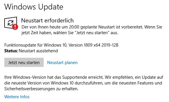 Funktionsupdate für Windows 10, Version 1809 x64 2019-12B endet in einem Fehler