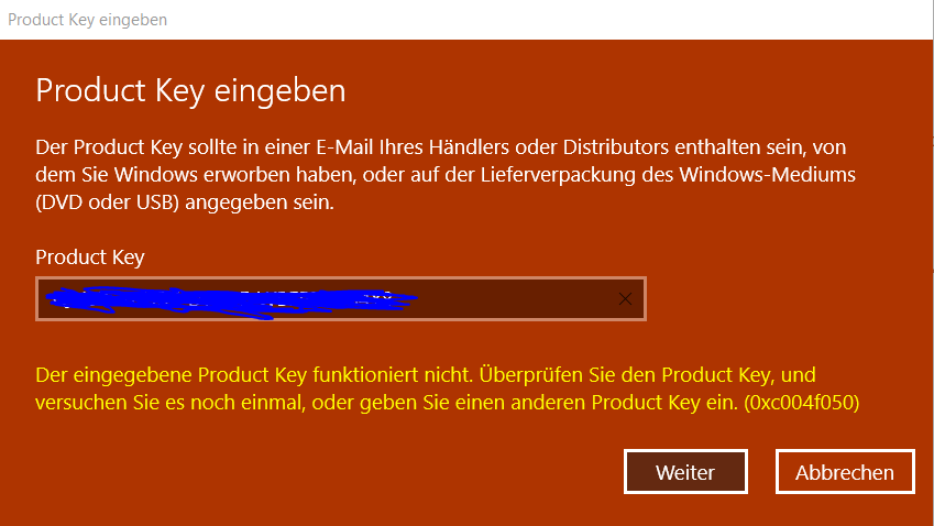 Windows 10 Home Key funktioniert nicht