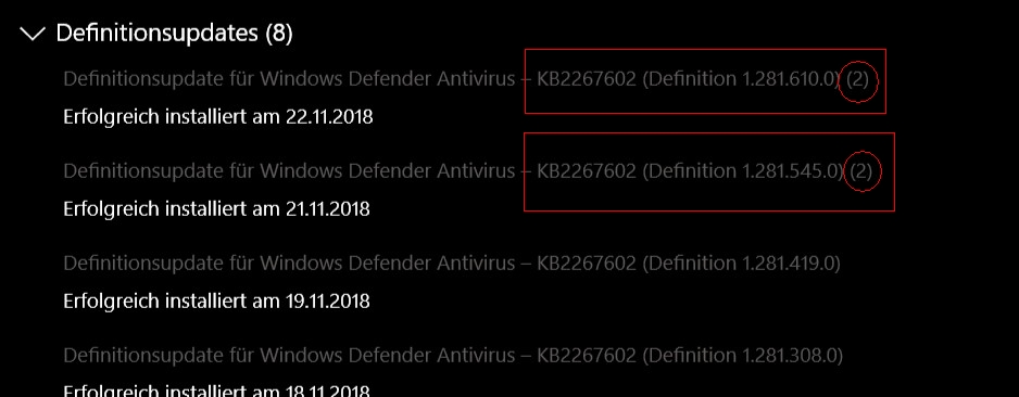 Updates von Windows Defender: doppelt angezeigt und mit falschen Zeitangaben