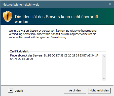 Netzwerksicherheitshinweis - Die Identität des Servers kann nicht überprüft werden