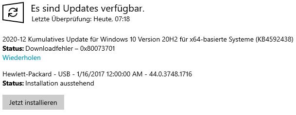 Windows update 2020-12 KB4592438 – Fehler 0x80073701