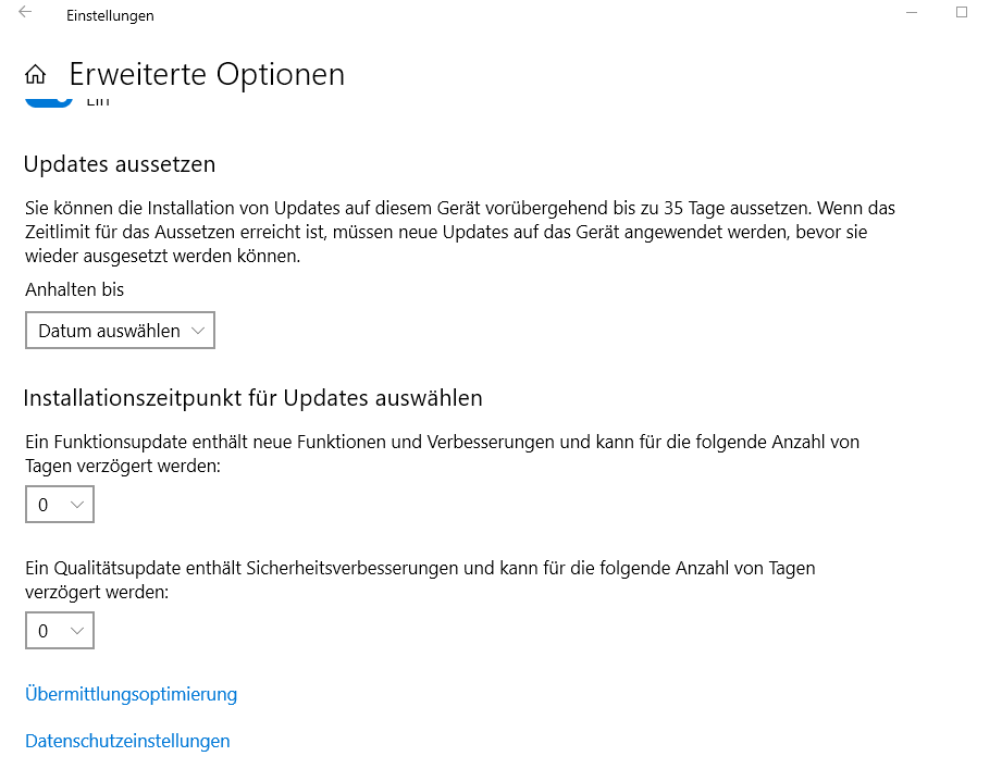 Keine Update mehr bei Pro Versionen 1903 wegen Funktions-Qualitätsupdate in den Registry...