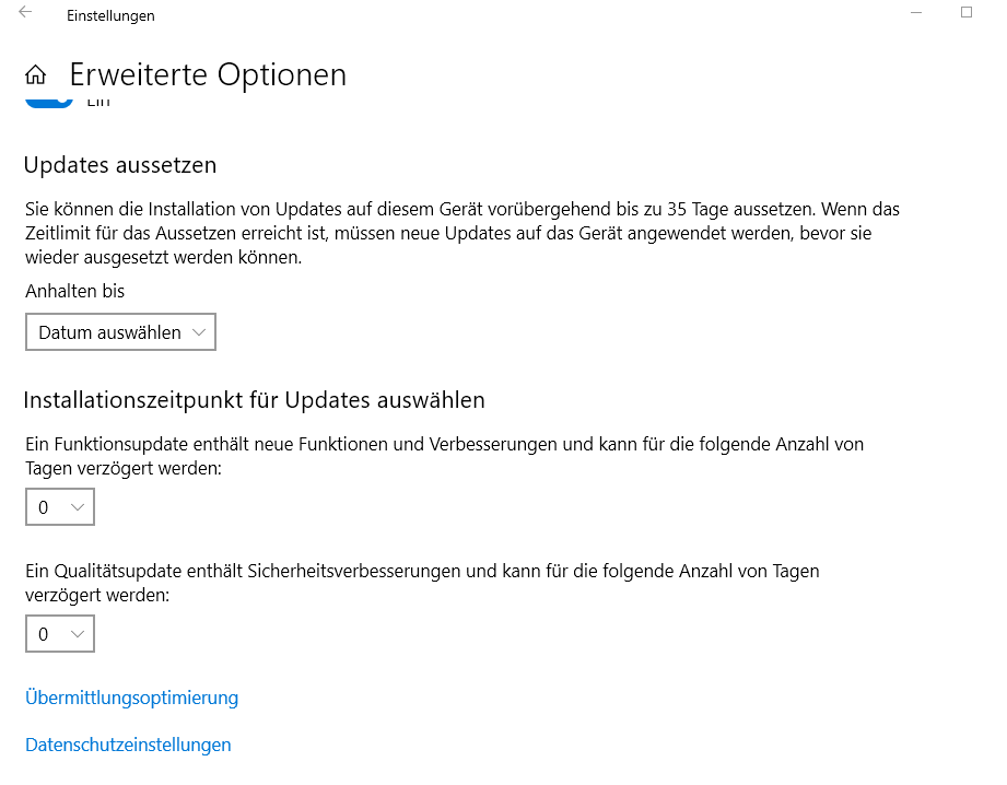 Windows10  blockiert Update bei Pro Versionen 1903 wegen Funktions-Qualitätsupdate in den...