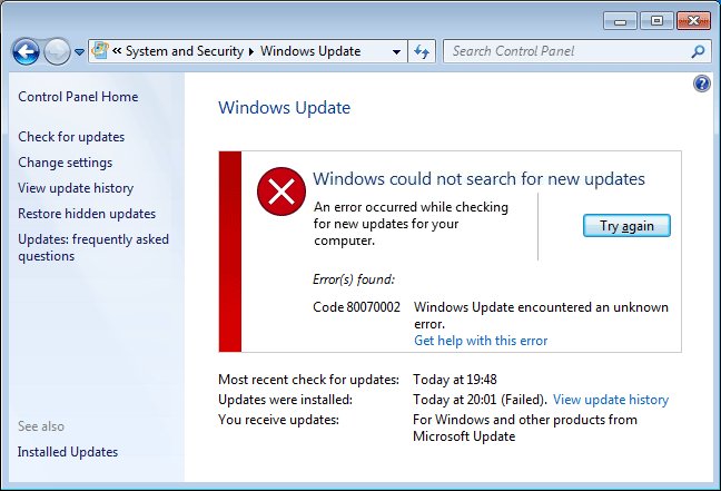Funktionsupdate 1803 Fehler 0x80070002;