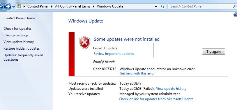 Update-Installation schlägt fehl mit Fehlercode: (0x80073712) - bei Update KB4346783