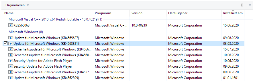 Windows 10 Update KB4568831 deinstallieren