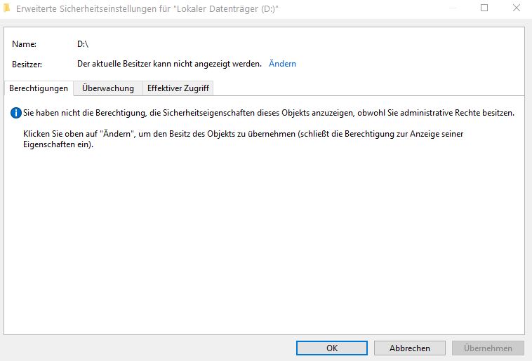 Kein Zugriffsrecht auf Festplatte D: