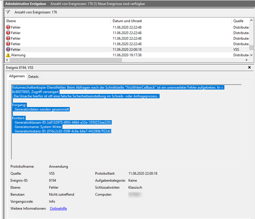 Error Schattenkopie IVssWriterCallback