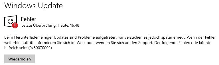 KB4601319 kann nicht installiert werden: Fehler 0x80070002