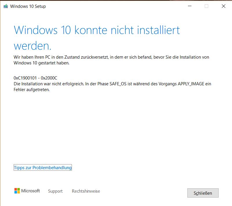 Fehlercode 0xc1900101 - 0x2000C: Update Installation wird nicht fortgeführt, Laptop bleibt aus