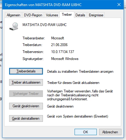 DVD Laufwerk Matshita DVD-RAM UJ8HC wird nach Windows 10 Update ich mehr erkannt.