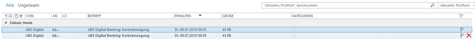 Ansicht-Einstellung Outlook 2016 mit Schnell-Löschfunktion