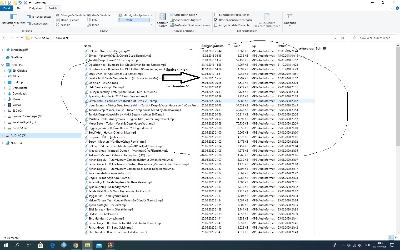 Datei Explorer - Spalteninhalt Schrift hellgrau
