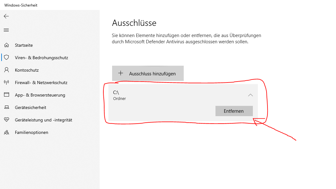 Windows Defender Ausschlüsse lässt sich nicht entfernen