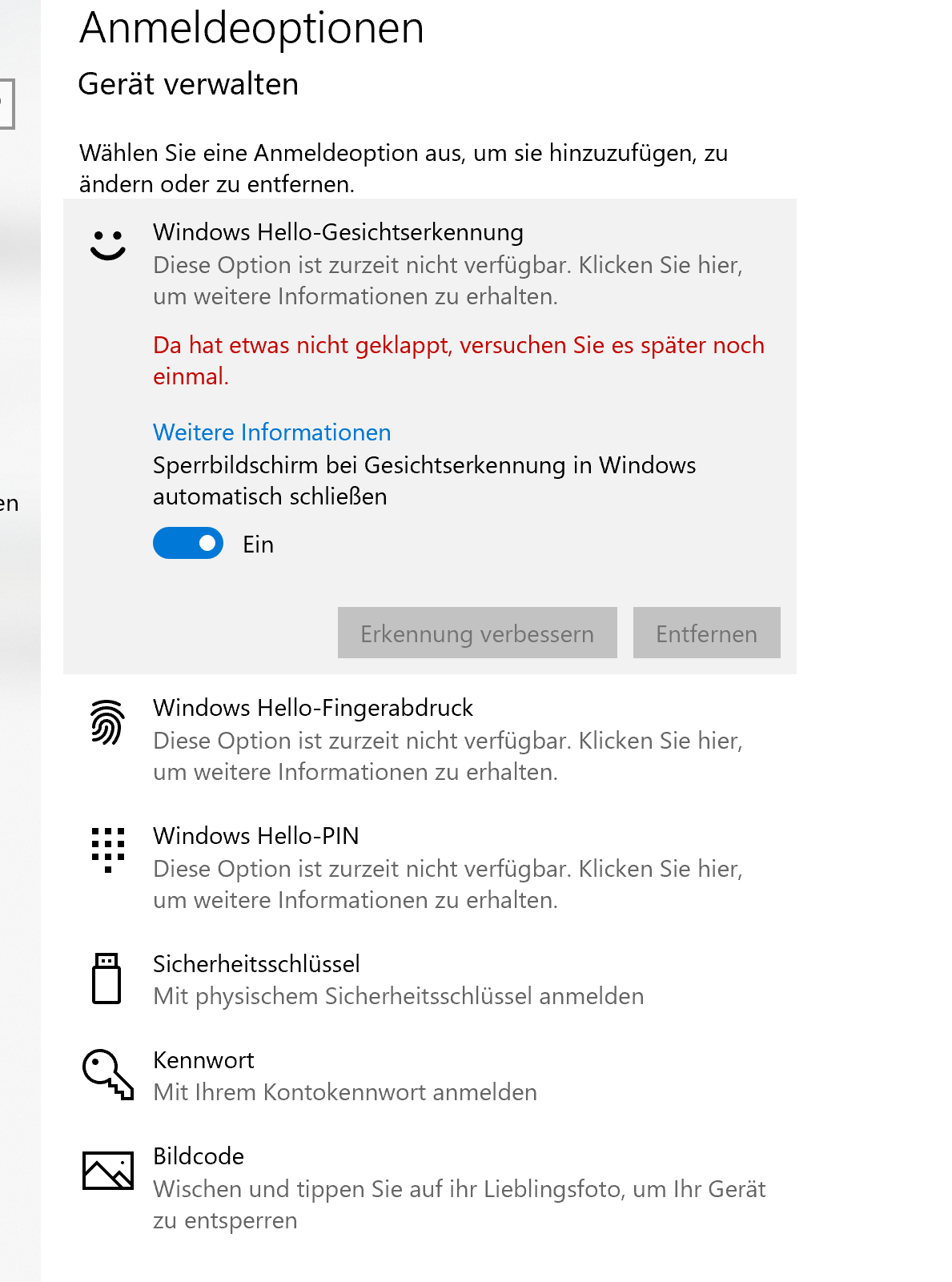 Windows Hello fehlermeldung