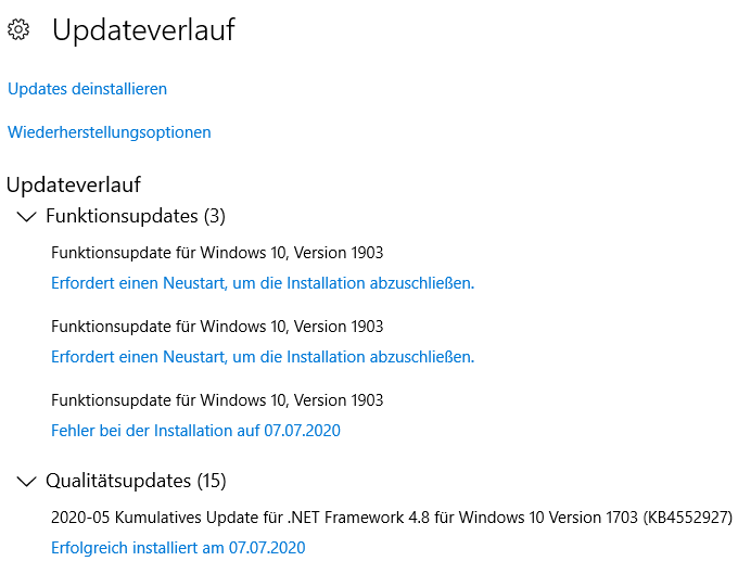 Aktualisierung von Windows. Es geht nicht weiter bzw wird immer abgebrochen