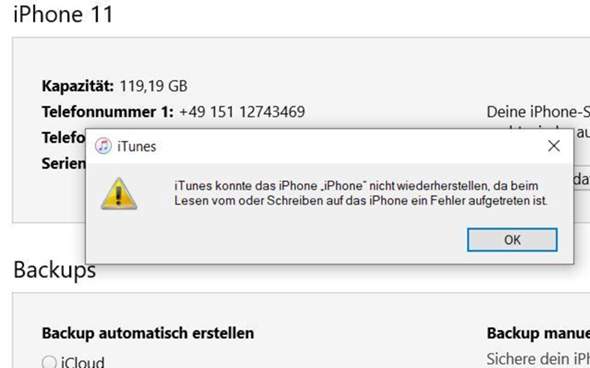 iPhone Backup wiederherstellen über iTunes auf Windows 10 bricht immer ab?