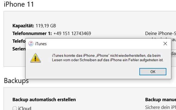 iPhone Backup wiederherstellen über iTunes auf Windows 10 bricht immer ab?