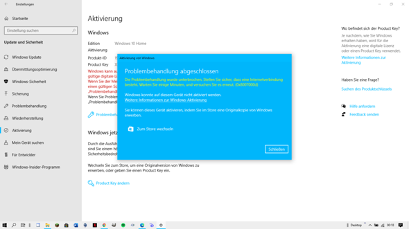 Reaktivierung von Win10 nicht möglich?