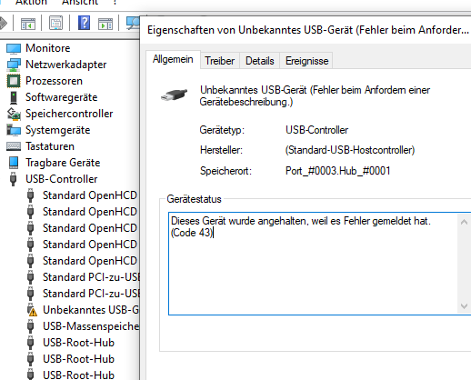 Controller Windows 10 Fehler Code 43?