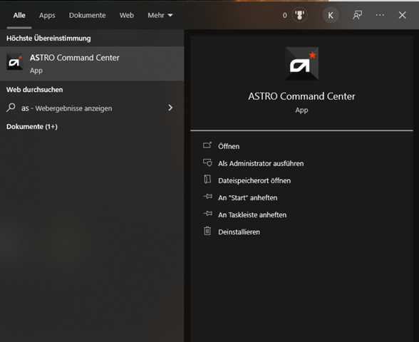 Astro Command Center kein Icon fehler?