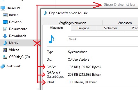 Ordner Musik leer, unter Eigenschaften doch nicht leer.