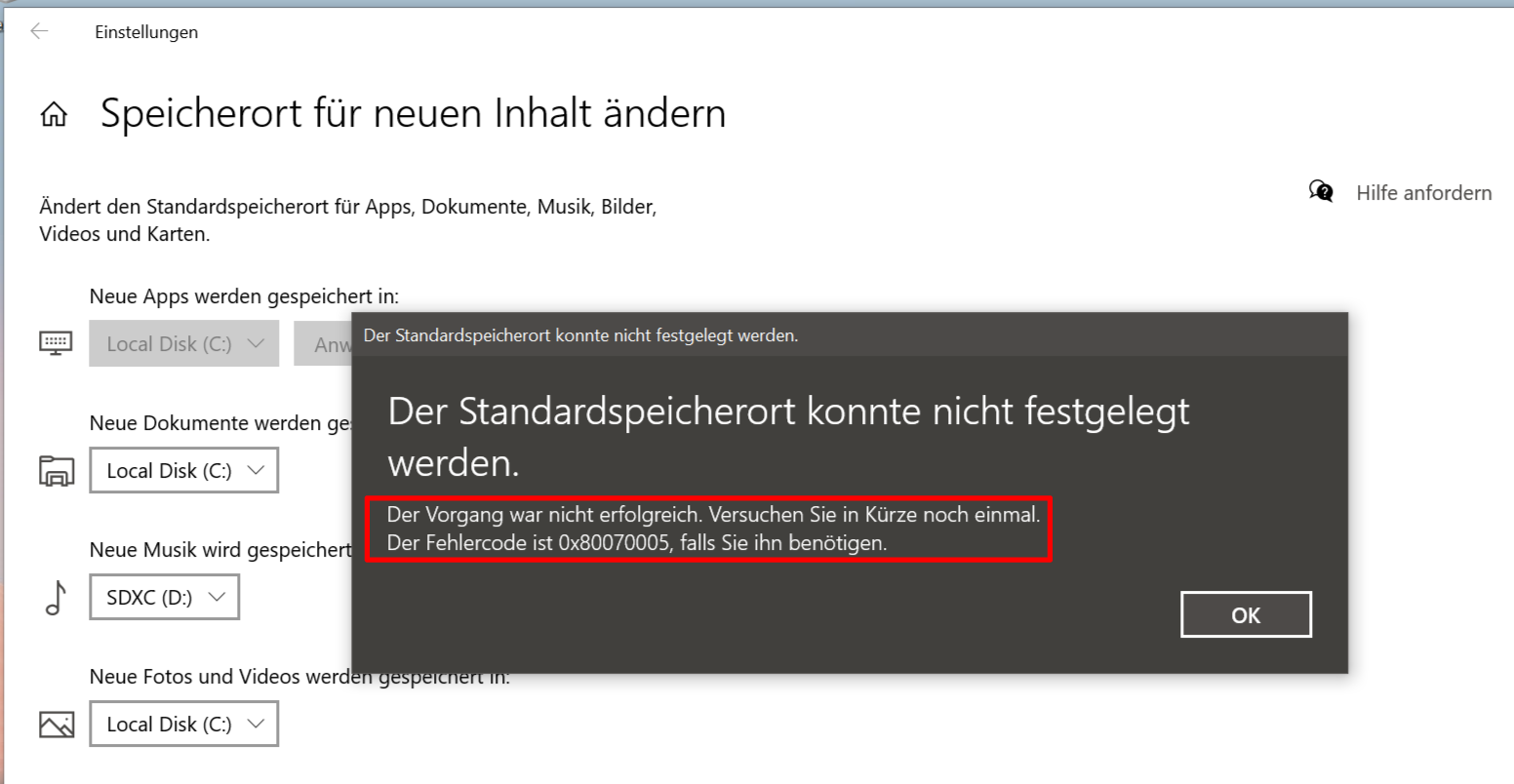 Der Standardspeicherort kann nicht geändert werden...