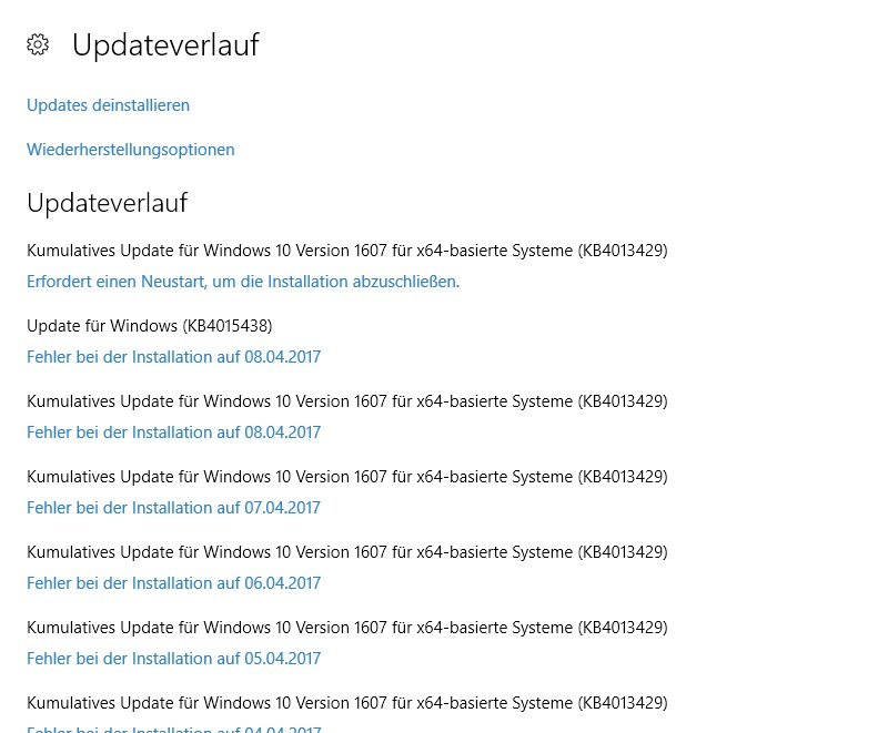Kumulatives Update KB4013429 Fehler
