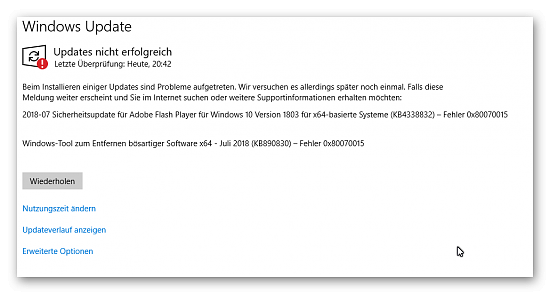Windows Update Fehler 0x80070015