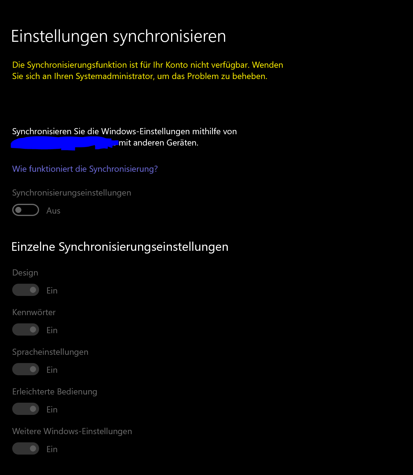 Die synchronisierungsfunktion ist für ihr Konto nicht verfügbar