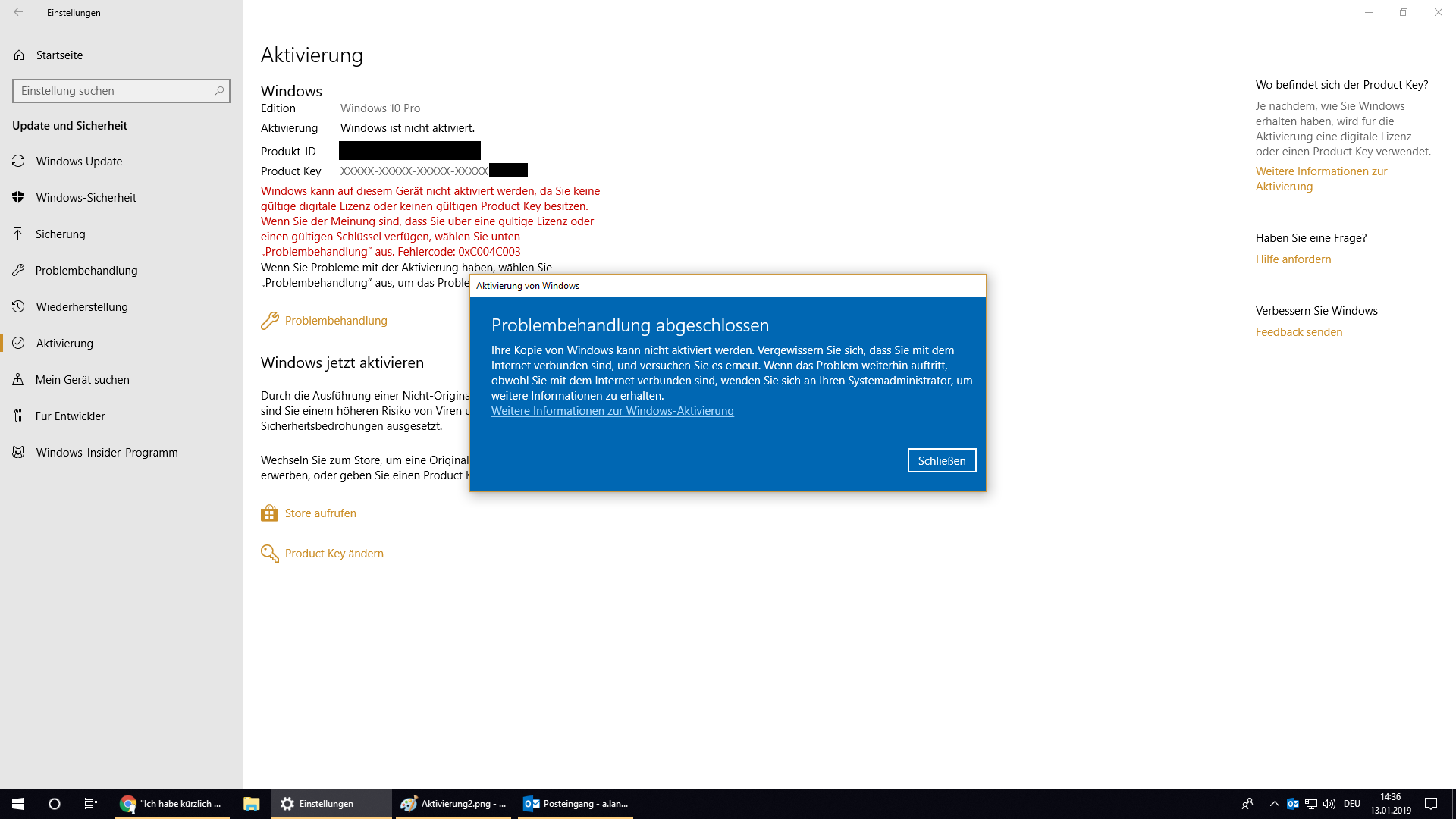 "Ich habe kürzlich die Gerätehardware geändert" Option nicht für Reaktivierung von Windows...