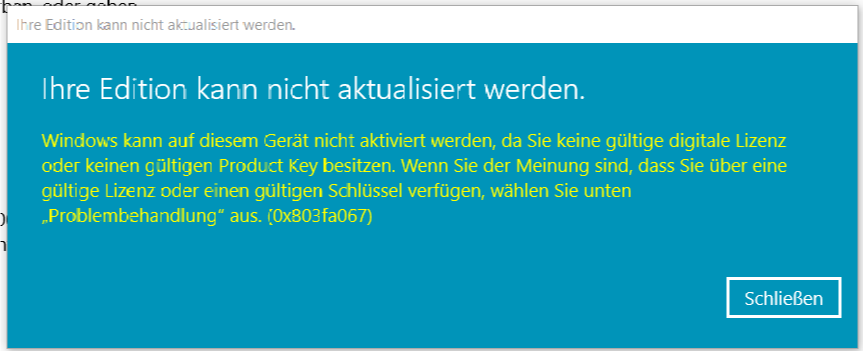 Windows 10 Pro Aktivierung auf einem Gerät mit einer digitalen Win10 Home Lizenz