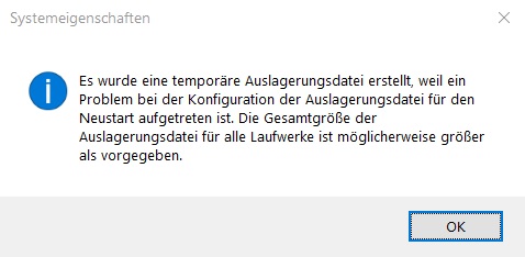 Ort für Auslagerungsdatei wird bei jedem Start nicht akzeptiert