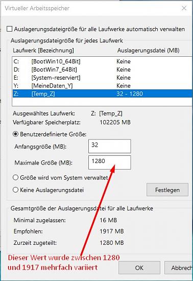 Ort für Auslagerungsdatei wird bei jedem Start nicht akzeptiert