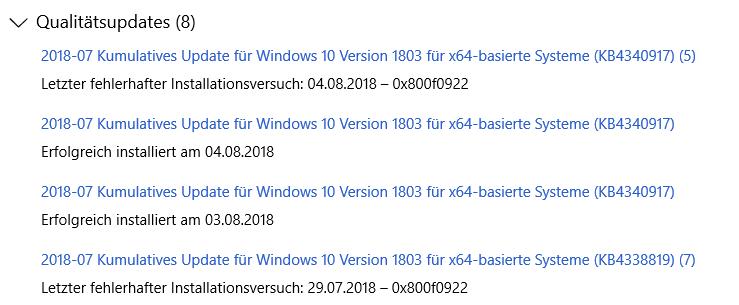 heruntergeladene Updates KB4340917 und KB4338819 werden nicht installiert