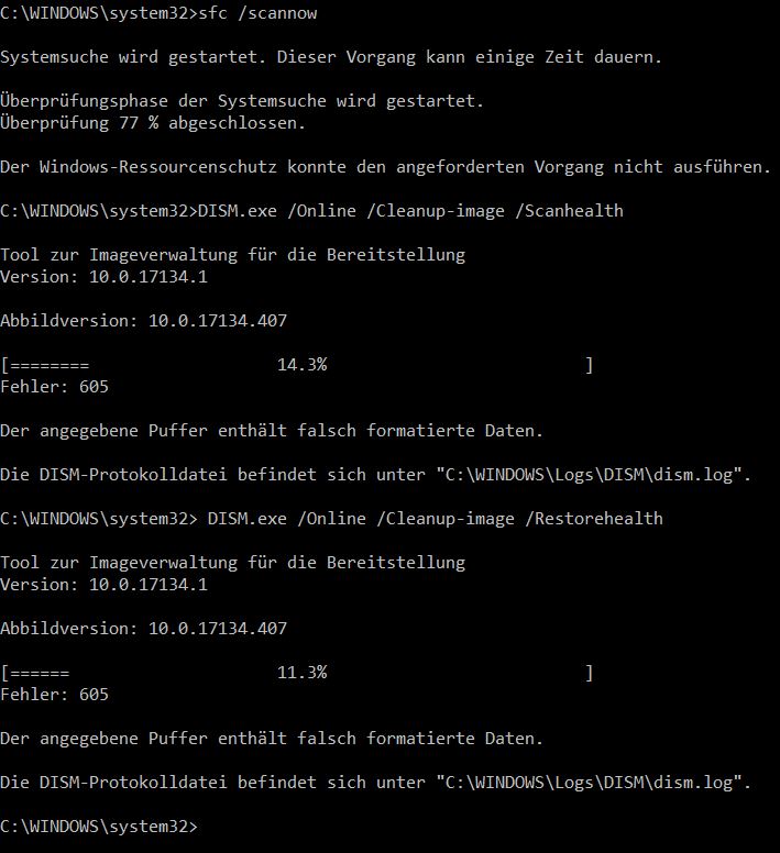 Fehler bei sfc /sannow und DISM