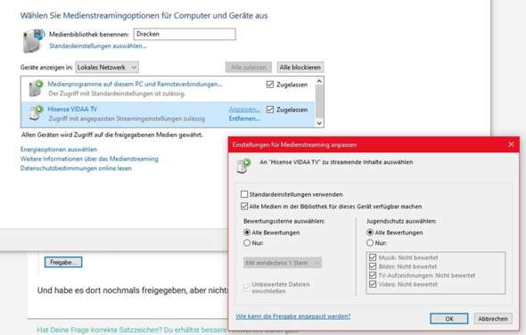 Dateifrigabe vom PC zum TV?