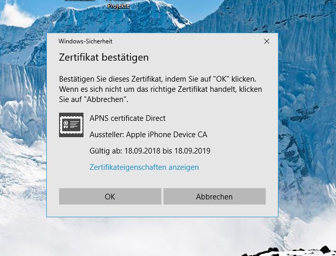 APNS Zertifikat bei PC Start