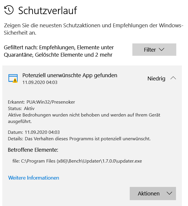 Schutzverlauf unter Windows 10