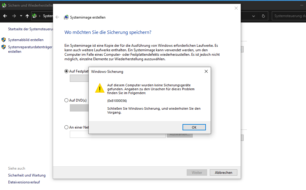 Systemabbild Sicherung funktioniert nicht mehr