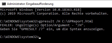 [Windows 10 Home] GPResult kennt Parameter H für Gruppenrichtlinien-Bericht nicht
