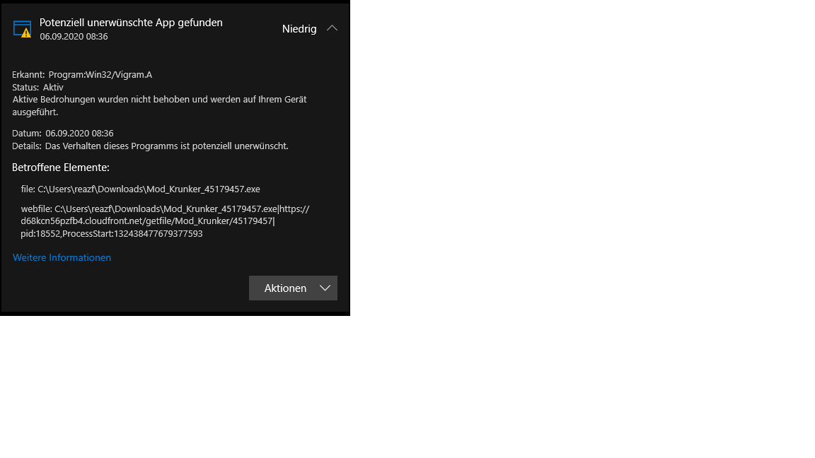 Windows Defender Zeigt nicht existierende Datei an