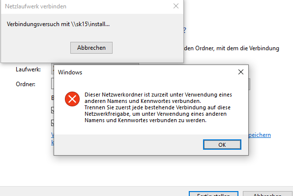 Windows10 Netzlaufwerk Verbindung zu Server 2019 erfordert zweite unbekannt Authentifizierung