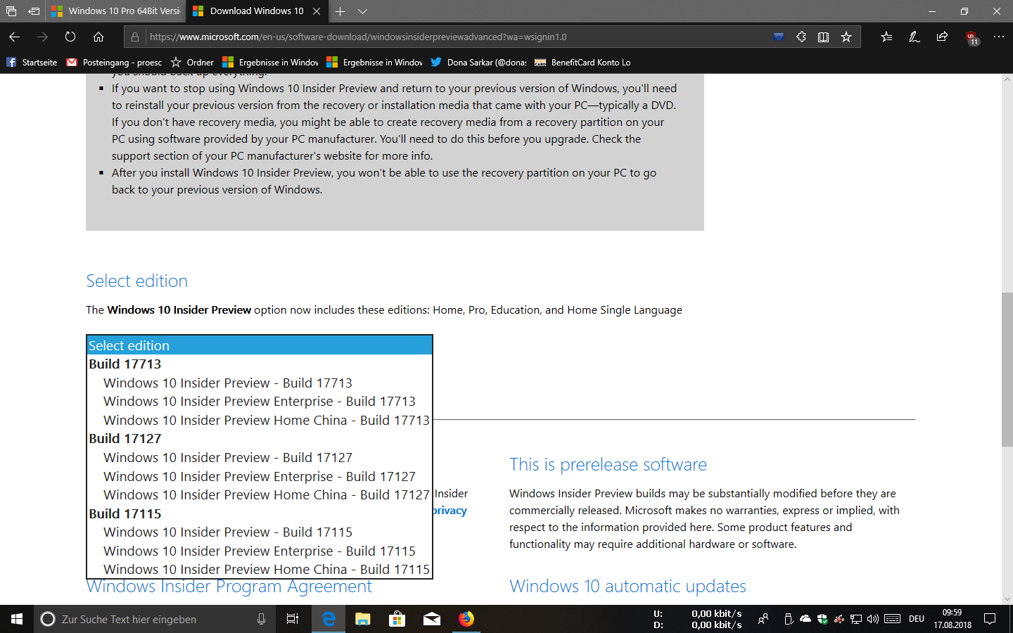 Windows 10 Pro 64Bit Version Insider Preview