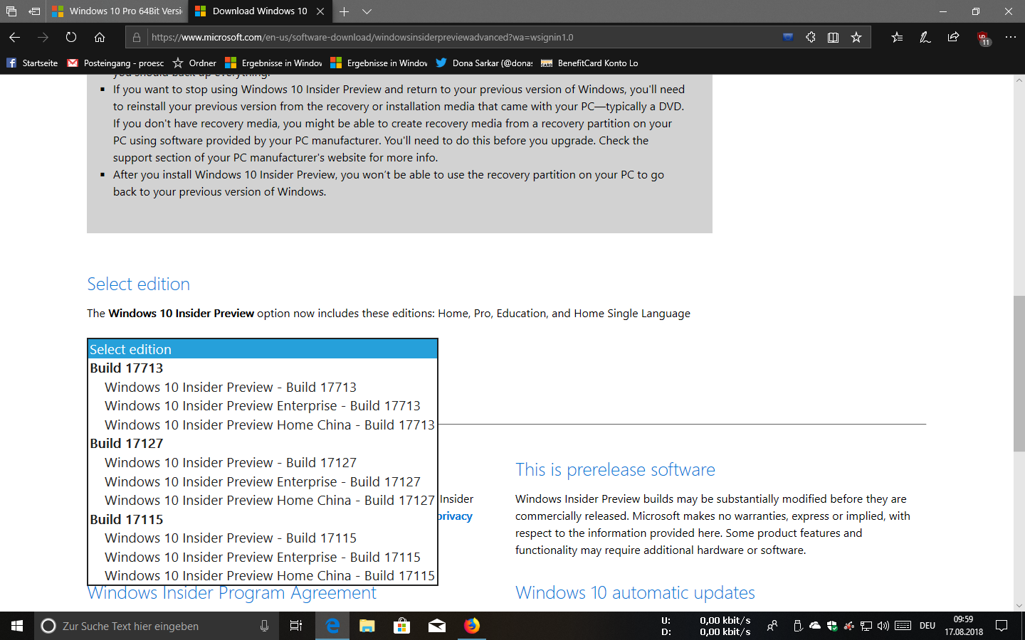 Windows 10 Pro 64Bit Version Insider Preview 180623