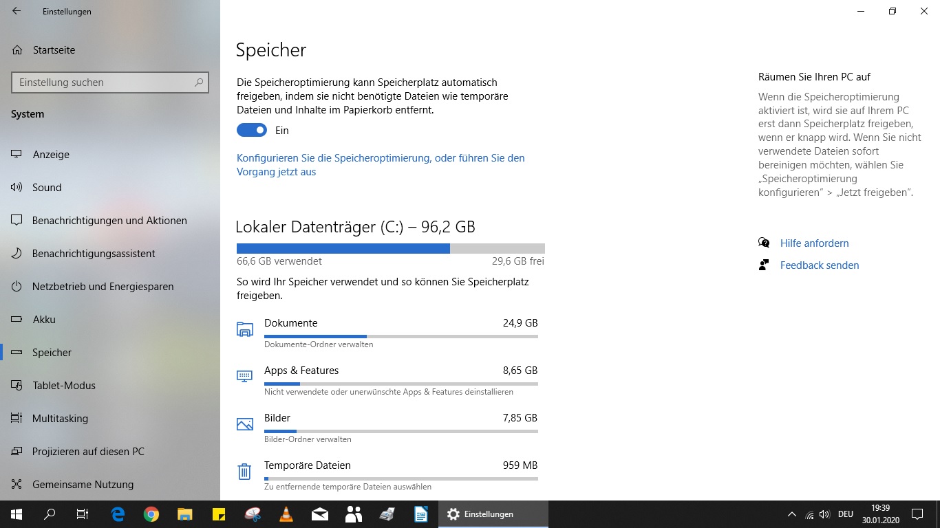 Win 10-Speicherplatzbelegung