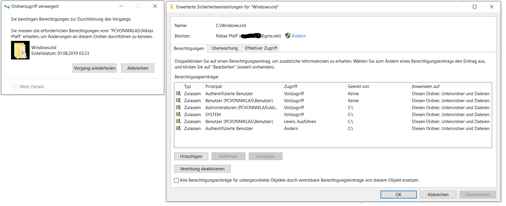 Warum gibt es 2-mal den gleichen Benutzer und wie kann ich Windows.old löschen? (hängt...
